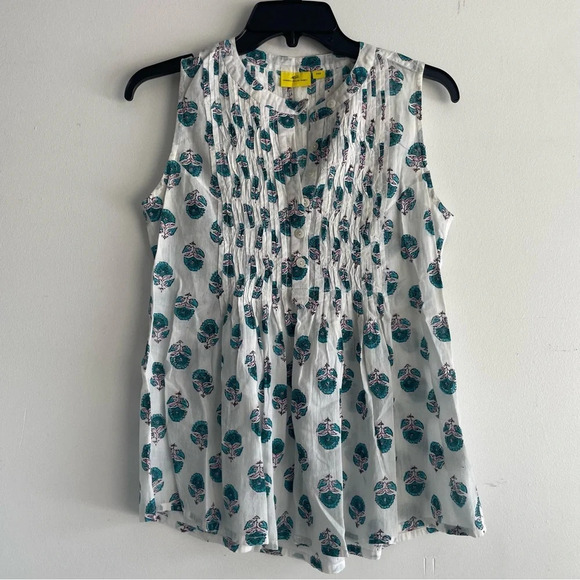 Roberta Roller Rabbit white with blue block print top 33235 - Picture 1 of 5